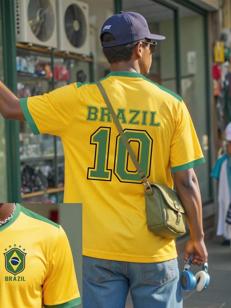 Manfinity Dauomo Men's Brazil 10 Numeral & Letter Print Striped T-Shirt - Yellow - View 1