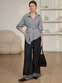 Dazy-Less Cămașă de damă cu mânecă lungă, lejeră, casual, cu dungi, cu nasturi metalici și decor răsucit, potrivită pentru birou și exterior, primăvară/toamnă - Gri - Vizualizare 10