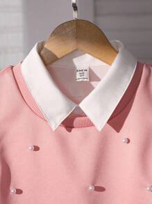 Conjunto de vestido de manga abullonada y chaleco de perla sólido con bolsa a juego para niña preadolescente - Rosa - Ver 7