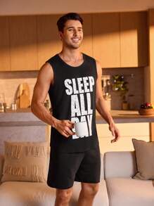 Manfinity Underwear&Sleepwear Basics 男士1入組字母圖案睡衣T恤和1入組睡衣短褲