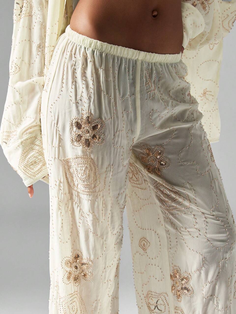 MISSGUIDED Pantalones palazzo de pierna ancha con cuentas y lentejuelas, para resort, playa, boda, noche, festival, verano, transparentes, con adornos, para fiestas, lounge, baile y ocasiones