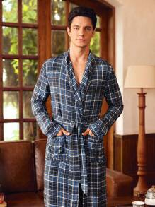 Manfinity Men's Plaid Print Shawl Neck Patchwork Pocket Belted Lounge Robe, Fall - Multicolor - View 5