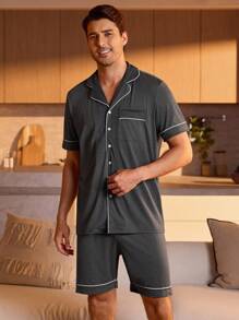 Manfinity Underwear&Sleepwear Basics 男士拼接滾邊家居服套裝 - 深灰色 - 查看 4