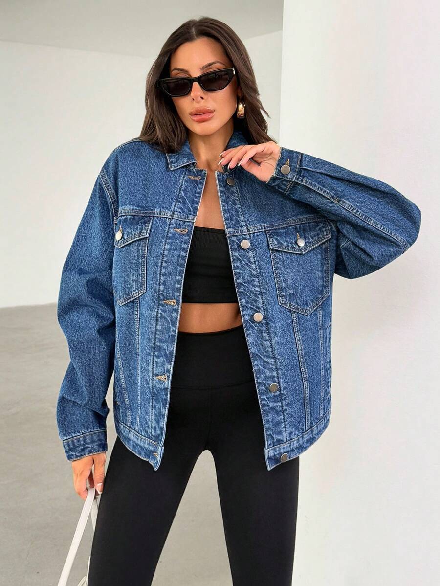 EURMUSE Women's Long Sleeve Single-Breasted Patch Pocket Loose Casual Denim Jacket Womens Denim Jacket Oversized Denim Jacket Jean Jacket Plus Size Jean Jacket Womens Jean Jacket Plus Size - Medium Wash - View 1