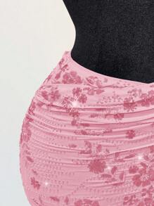 Sweetina Women's Sequin Embroidery Overlap Ruched Bodycon Skirt Pink Skirt - Pink - View 9