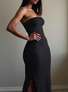 INAWLY 女士纯色褶饰修身侧开衩露肩抹胸连衣裙，适合外出穿着 - 黑色 - 查看 3