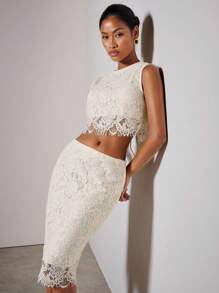 COSMINA 四季两件套女士优雅无袖蕾丝上衣和裙子，女士休闲套装，生日装，婚礼宾客礼服，外出装 - 白色 - 查看 2