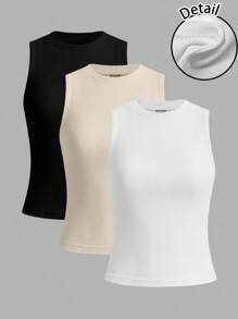 SHEIN LUNE Bộ 3 áo hai dây cổ tròn dệt kim không đường may dành cho nữ, màu đen, trắng, màu mơ, thích hợp cho mùa tựu trường hoặc mặc thường ngày. - Nhiều màu - Xem 2