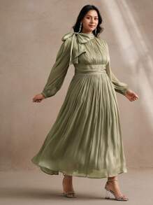 Anewsta 大码女式连衣裙，腰部褶皱，光泽面料，优雅百搭，适合春秋季节 - 綠色 - 查看 6