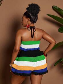 Maweii 大码女式纯色丝带镂空海滩度假性感两件套海滩女士服装夏季女士服装波西米亚风 - 彩色 - 查看 7