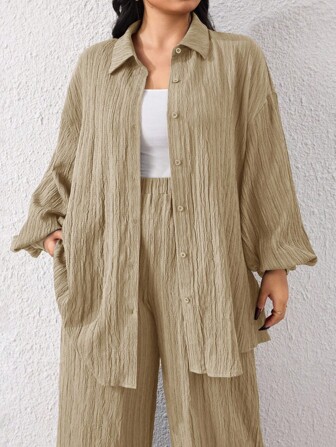 Mulvari 2pcs Plus Size Plain Front Button Long Sleeve Casual Blouse And Pants Set 2 Pieces Set,Fall Clothes For Women