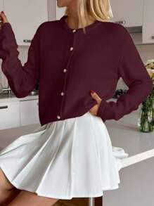 EURMUSE Drop Shoulder Cardigan With Gold Buttons Elegant - Burgundy - View 4