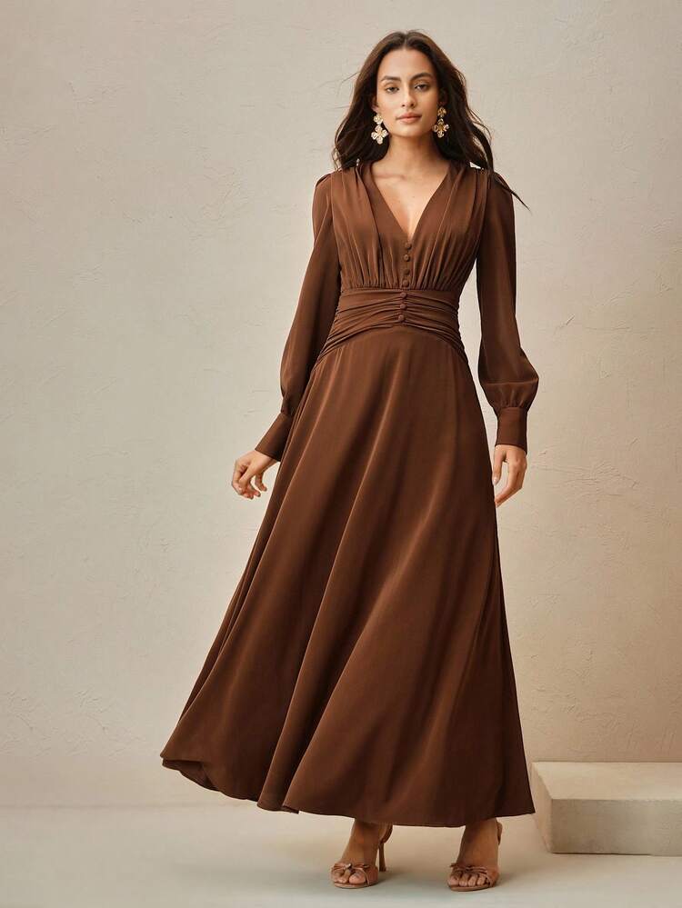 2025 Summer New Fashion High-End Unique Pleated Deep V-Neck Long Sleeve Dress, Elegant, Yellow, Vintage, Waist-Cinched, Flared Skirt