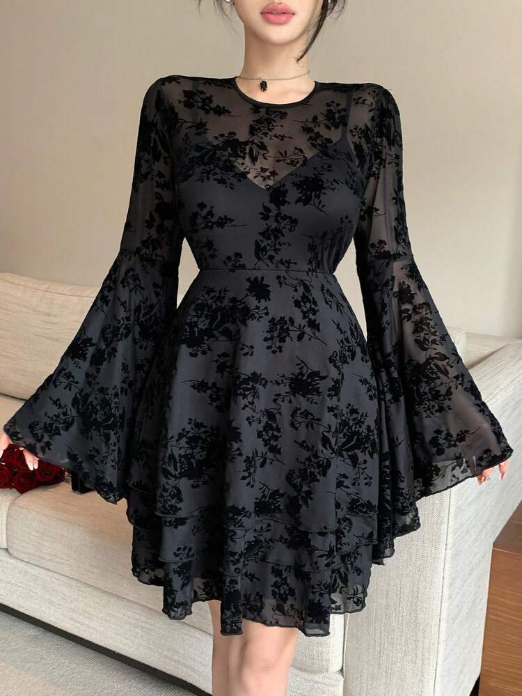 Women's Fall Round Neck Long Sleeve Mesh Net Flocking Floral Texture Cinched Waist A-Line Mini Casual Dress