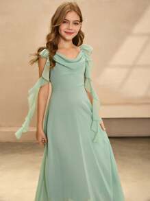 优雅花童裙，薄荷绿雪纺无袖细肩带领口长裙，时尚大摆公主裙，适合婚礼和正式场合