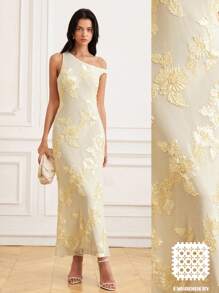 Váy suông thêu lưới thanh lịch cho nữ, tay áo bo gấu, chất liệu vải cao cấp có họa tiết - Màu be - Xem 1