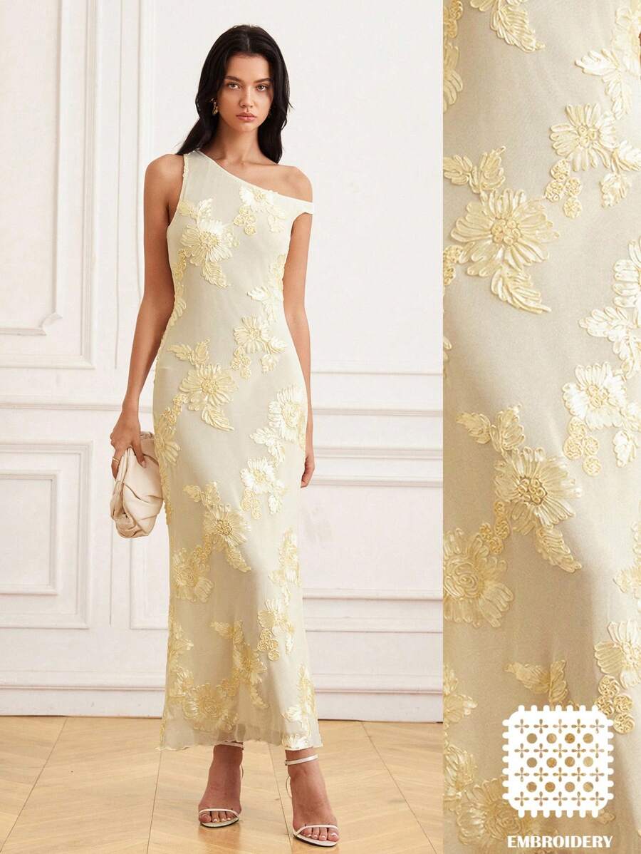 Váy suông thêu lưới thanh lịch cho nữ, tay áo bo gấu, chất liệu vải cao cấp có họa tiết - Màu be - Xem 1