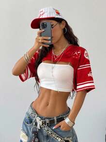 Coolane 女士街头服饰 运动休闲 返校运动装 休闲运动衫 数字印花 缎面光泽上衣 Y2k 服装 青少年街头服饰上衣 - 紅色 - 查看 4