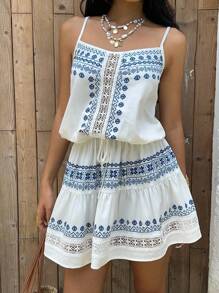 Lyxana Women's Casual Holiday Retro Print Patchwork Ruffle Strap Mini Dress, Summer - Multicolor - View 6