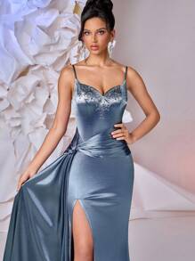 Glamrae Váy satin sang trọng quyến rũ không tay màu xám xanh lấp lánh với đá quý đính ở eo xoắn, viền đuôi cá xẻ tà bên hông, thích hợp cho các buổi hẹn hò, bãi biển, sinh nhật, tiệc tùng, đám cưới, tốt nghiệp, vũ hội - Xám Xanh - Xem 5