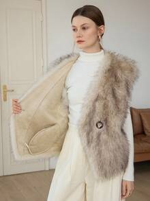 DAZY 女士 V 领宽松休闲无袖蓬松背心冬季夹克背心仿皮草大衣 - 駝色 - 查看 9