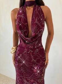 Aloruh 女士派对连衣裙、约会连衣裙、下午茶连衣裙、酒红色、栗色、梅红色、垂坠领结连衣裙、亮片连衣裙、女士超长连衣裙 连衣裙 女士秋季女装 女士秋季连衣裙 优雅女士连衣裙 - 紫紅色 - 查看 7