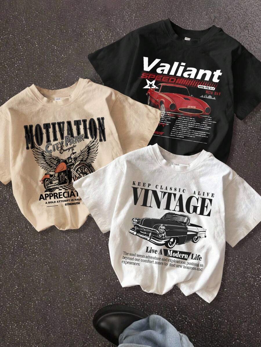 SHEIN 青少年男孩 3 件套复古赛车和摩托车印花图案 T 恤，休闲宽松圆领短袖 T 恤，白色、黑色、米色，夏季，棉混纺 - 彩色 - 查看 1