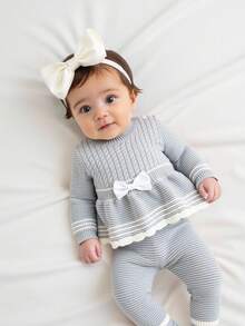 SHEIN 2pcs/Set Baby Girl Apricot Casual Minimalist Bow Round Neck Sweater And Leggings Set Baby Girl Knitted Outfits Baby Girl Grey Outfit Baby Girl Clothes With Bow Knit Two Piece Toddler Baby Girl Sweater And Leggings Set Fall Winter - Light Grey - View 8