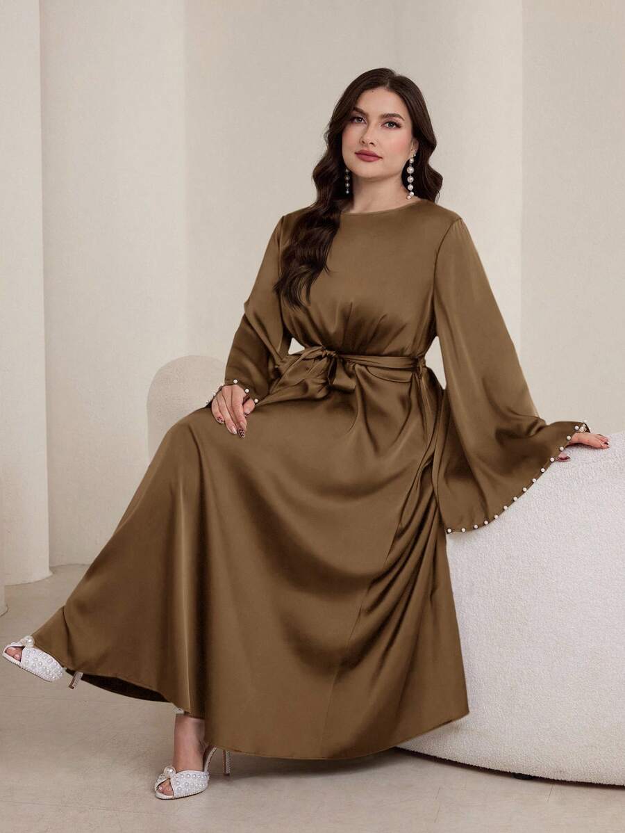 Graceveil Plus Size Women Flared Sleeve Pearl Beaded Arabic Style Dress Modest - Coffee Brown - View 1