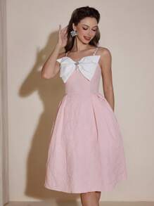 Poshira 法式优雅新款粉色迷你派对连衣裙，收腰修身蝴蝶结吊带连衣裙 - 粉色 - 查看 4