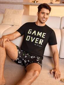男士标语图案睡衣套装/睡衣套装 - 黑色 - 查看 4