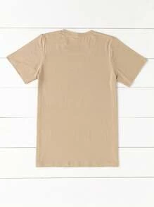 EMERY ROSE Plus Size Women Plant & Floral Pattern Round Neck Short Sleeve T-Shirt - Khaki - View 2