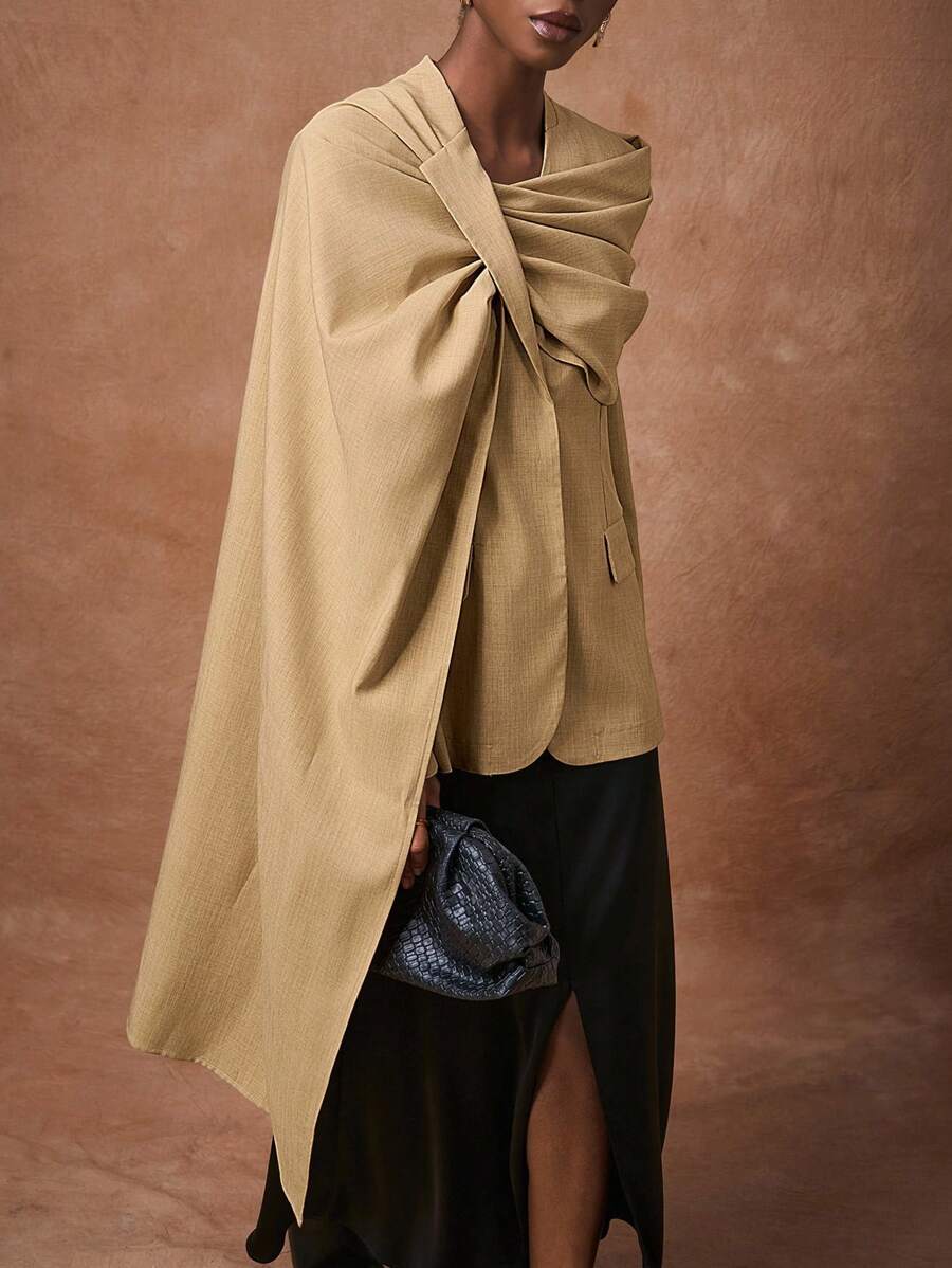 Zivah 超大长袖西装外套，亚麻卡其色，休闲优雅，通勤、音乐节、毕业季、日常穿着、海滩、街头风格，2025秋冬新品 - 卡其色 - 查看 1