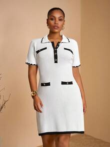 Veslaya Vestido elegante de primavera/verano 2025 para fiestas, eventos formales, graduaciones, bodas y citas - Blanco con ribete negro, con cuello, con botones metálicos decorativos en la parte delantera semi-abierta, vestido de punto ajustado y mini, tallas grandes para otoño/invierno