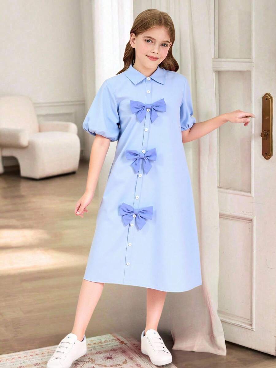 青少年女孩优雅蝴蝶结装饰夏装 - 藍色 - 查看 1