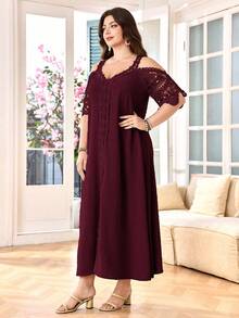 Lacomfia Vestido Solto Elegante Tamanho Plus com Decote em V, Manga Curta, Recortes a Laser e Renda - Vinho - Visão 4