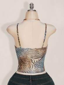 SHEIN ICON 加大码女式豹纹 V 领吊带背心，修身蕾丝边 Y2K 性感无袖衬衫 - 彩色 - 查看 2