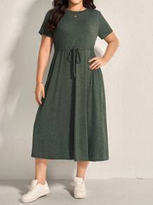 Comfylo Plus Size Women's Round Neck Drawstring Waist Dress - Army Green - View 3