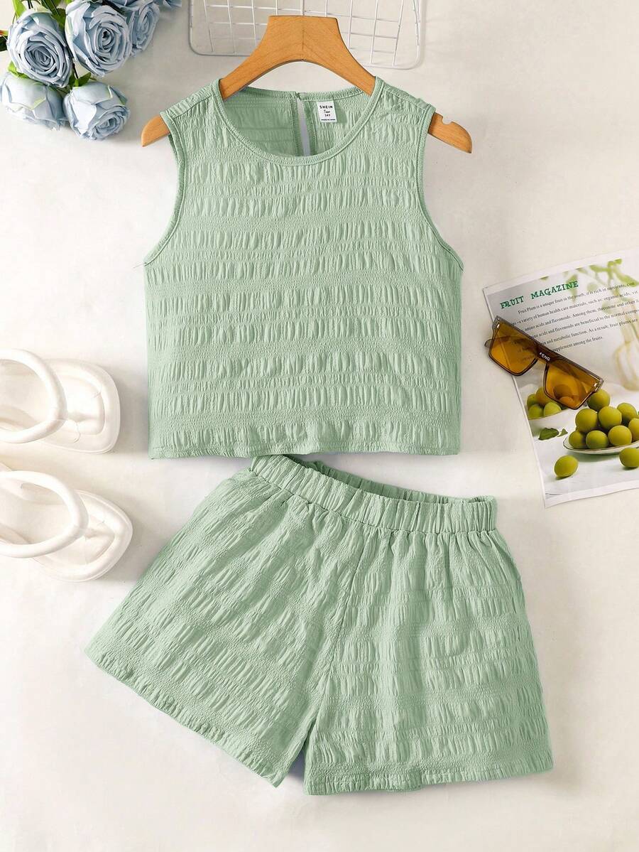 SHEIN 青少年女孩休闲纯色无袖纹理梭织面料两件套服装,适合日常穿着、度假、休闲、节日、午餐、音乐节、春夏季 - 薄荷綠 - 查看 1
