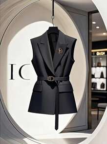 Franclia Women's Professional High-End Black Blazer Vest With Belt For Office/Work Clothes For University - Black - View 1