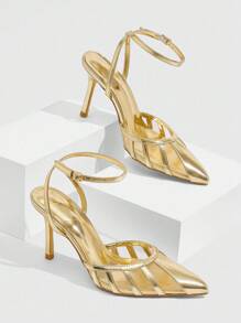 CUCCOO SZL Women's Metallic Gold PU & Mesh Panel Strap Ankle Strap Pointed Toe Backless Fashion Sexy French Style Party Date Pumps
