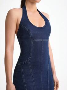 Daynim Váy denim dài vừa phải hở lưng thường ngày cho nữ - Rửa tối - Xem 5