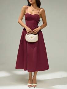 SHEIN PETITE 女式休闲纯色腰部收腰吊带连衣裙，夏季 - 酒紅色 - 查看 5