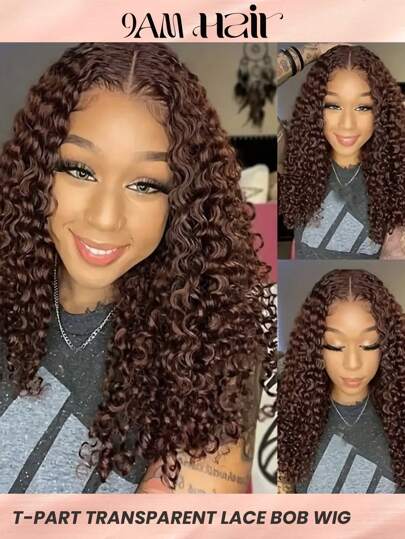 Peluca de cabello humano con ondas profundas estilo bob en color marrón chocolate #4, con línea frontal de encaje transparente de 13x4x1 y densidad de 150, pre-aclarada para mujeres