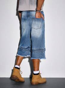 ROMWE MEN Street Life Men's Casual Washed Distressed Frayed Hem Denim Shorts - Blue - View 3