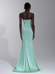 Elitara 优雅蓝绿色缎面不对称露肩高领水钻装饰高腰鱼尾连衣裙，侧高开衩，适合约会、生日派对、舞会、毕业典礼、婚礼、正式场合 - 霧霾藍 - 查看 4