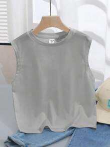 SHEIN Young Boy Casual Minimalist Letter Print Sleeveless Tank Top, Suitable For Summer