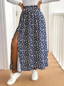 SHEIN Frenchy 蓝色女士休闲度假高开叉喇叭裙，碎花图案，适合夏季 - 彩色 - 查看 6