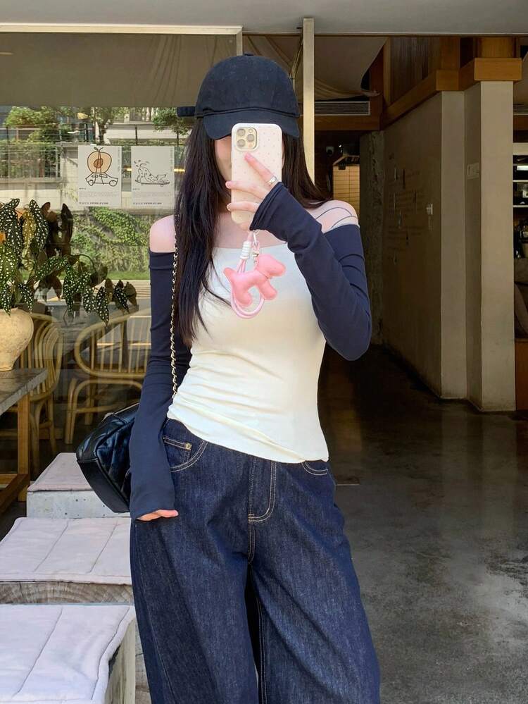 Women's Casual Color Block Off Shoulder Long Sleeve T-Shirt,Fall Women Clothes