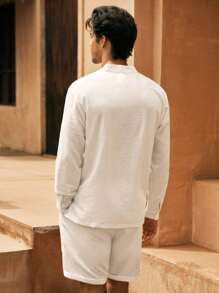 Mainfolk 2pcs Set Men Casual Woven Tie Hem Long Sleeve Shirt & Shorts Solid Color Outfit - White - View 2